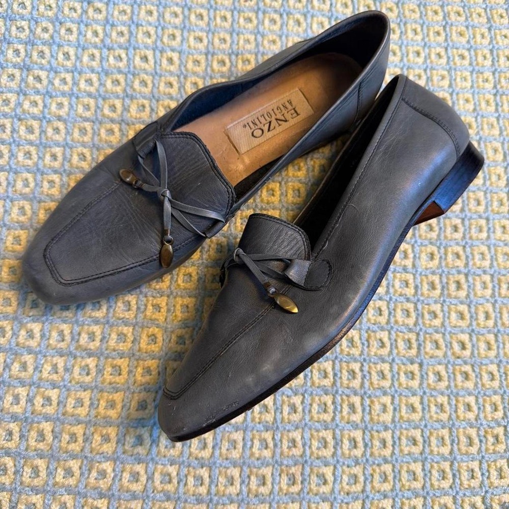 Enzo Angiolini Slate Blue Teal Leather Minimalist Bow Loafers Made in Brazil 8M
